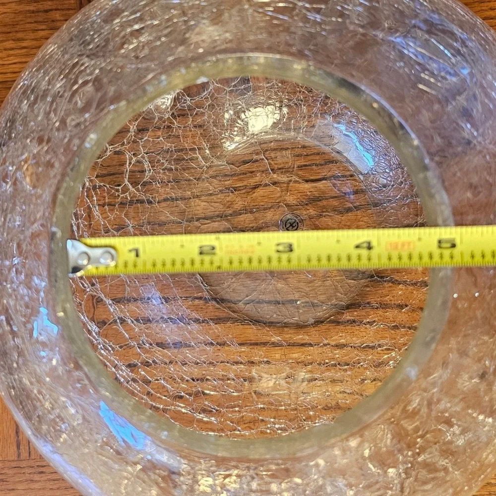 Vintage Handcrafted Clear Crackle Glass Rose Bowl Vase 12 inch Round Centerpiece